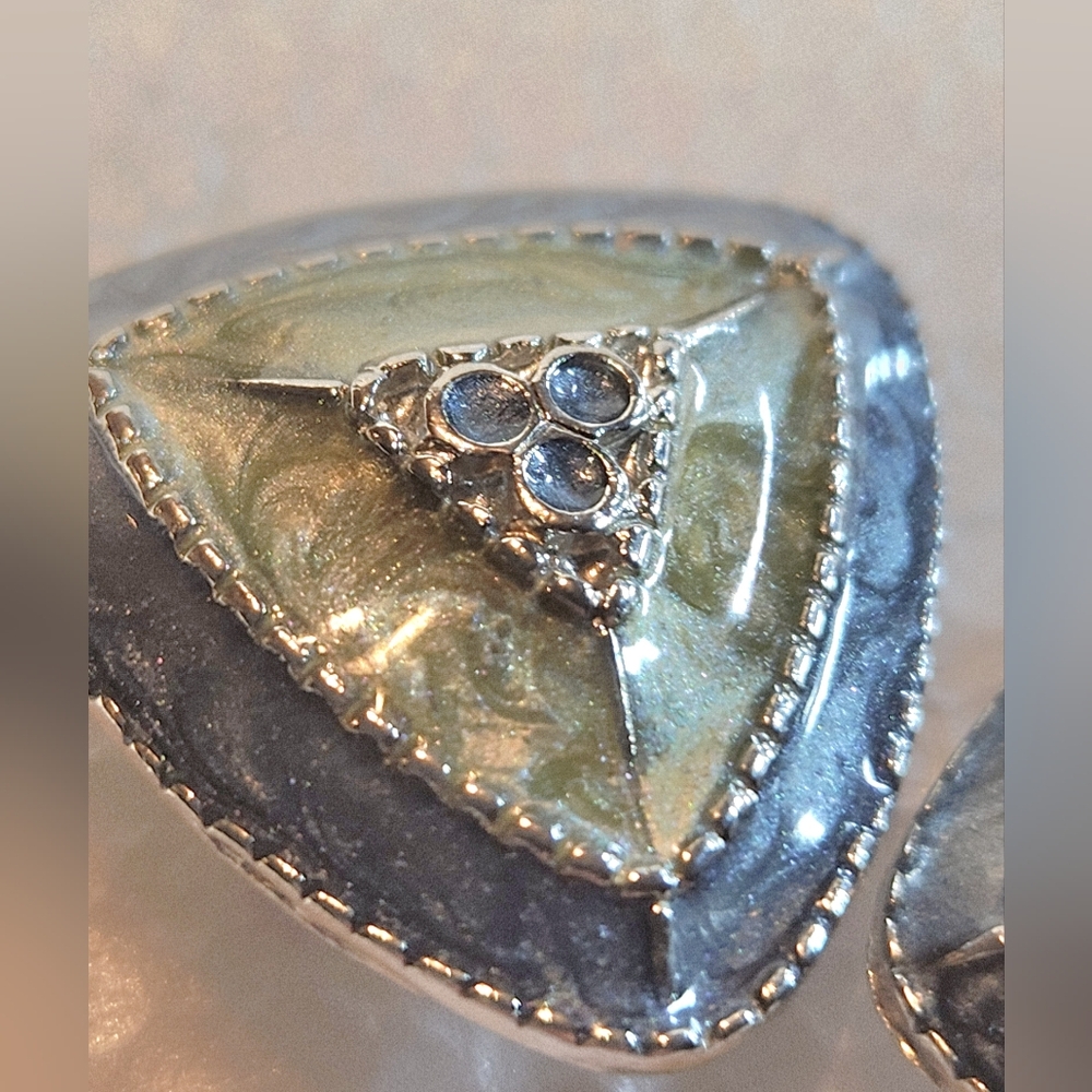 Clup On Earrings Vintage Gunmetal Blue Green/Gold Swirled Enamel With Silver